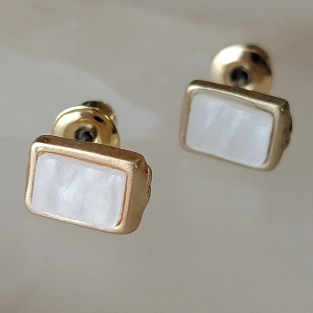 Pearlescent Gold Faux Mother of Pearl Rectangular Stud Earrings